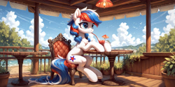 Size: 2048x1024 | Tagged: safe, ai content, derpibooru import, generator:pony diffusion v6 xl, generator:stable diffusion, machine learning assisted, machine learning generated, oc, oc only, oc:marussia, earth pony, pony, chest fluff, drink, drinking, female, nation ponies, ponified, prompter:oranzinispegasiukas, russia, solo, species swap