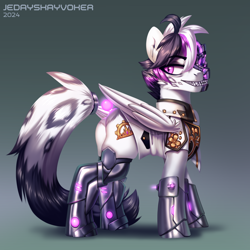 Size: 3000x3000 | Tagged: safe, artist:jedayskayvoker, derpibooru import, oc, oc only, oc:astral blade, cyborg, hybrid, pony, amputee, clothes, commission, cyborg pony, fangs, folded wings, gold, gradient background, gritted teeth, hybrid oc, lineless, long tail, looking back, male, prosthetic eye, prosthetic leg, prosthetic limb, prosthetics, solo, stallion, suit, tail, teeth, wings