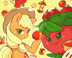 Size: 2199x1761 | Tagged: safe, artist:高纯度灰, derpibooru import, applejack, earth pony, pony, abstract background, apple, female, food, looking at you, mare