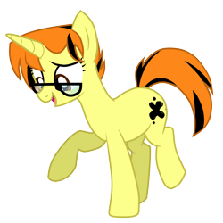 Size: 2500x2500 | Tagged: safe, artist:mitexcel, derpibooru import, oc, oc only, oc:merille artienda, pony, unicorn, g4, base used, brown eyes, glasses, highlights, horn, nonbinary, orange mane, orange tail, simple background, solo, tail, transparent background, yellow coat
