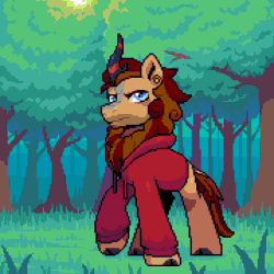 Size: 720x720 | Tagged: safe, artist:hikkage, derpibooru import, oc, oc:pixel cache, kirin, nirik, animated, clothes, ear piercing, earring, fire, forest, frown, gif, grass, hoodie, horn, jewelry, looking at you, mane, nature, outdoors, piercing, solo, sweater, tail, transformation, tree