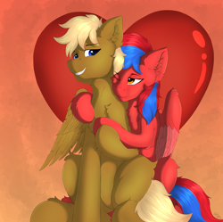 Size: 2609x2600 | Tagged: safe, artist:flapstune, derpibooru import, oc, oc only, oc:caramel crunch, oc:ivory flare, chest fluff, colored wings, commission, ear fluff, ears, female, fluffy, heart, heart background, hug, looking at each other, looking at someone, male, mare, signature, sitting, smiling, smiling at each other, spread wings, stallion, two toned mane, two toned wings, wings, ych result