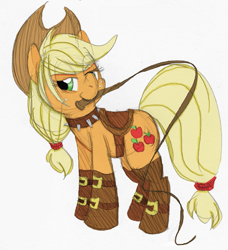 Size: 1263x1383 | Tagged: safe, artist:enigmaticfrustration, derpibooru import, applejack, earth pony, pony, g4, applejack's hat, boots, clothes, collar, colored, cowboy hat, dominatrix, female, hat, hoof boots, mare, mouth hold, saddle, shoes, solo, spiked collar, tack, whip
