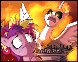 Size: 1500x1195 | Tagged: safe, artist:asura-00, artist:lummh, derpibooru import, daybreaker, princess cadance, alicorn, pony, collaboration, comic:the princess of love, chess, chess piece, duo, duo female, female, filly, filly cadance, foal, frown, glowing, glowing eyes, mane of fire, mare, messy mane, spread wings, wings, younger
