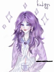 Size: 793x1060 | Tagged: safe, artist:findigys, derpibooru import, rarity, human, alternate hairstyle, cardigan, clothes, cup, dress, drink, drinking straw, ear piercing, earring, eyeshadow, face tattoo, female, humanized, jewelry, lipstick, makeup, necklace, piercing, simple background, solo, tattoo, white background