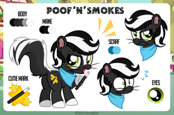 Size: 1200x798 | Tagged: safe, artist:jennieoo, derpibooru import, oc, hybrid, pony, skunk, skunk pony, cutie mark, eye, eyes, fluffy tail, gift art, happy, laughing, looking at you, looking back, magic wand, patreon, patreon reward, reference sheet, shocked, shocked expression, shocked eyes, show accurate, skunk tail, smiling, smiling at you, smug, solo, tail, vector
