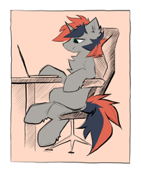 Size: 1745x2160 | Tagged: safe, artist:kejifox, derpibooru import, oc, oc only, oc:svetomech, unicorn, armchair, beige background, chair, chest fluff, computer, hoof fluff, horn, horn ring, laptop computer, male, picture, programming, ring, simple background, sitting, sketch, stallion, table