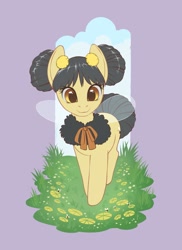 Size: 1490x2048 | Tagged: safe, artist:taytinabelle, derpibooru import, oc, oc only, bee, bee pony, hybrid, original species, pony, bumblebee, cloud, cute, female, flower, grass, hair bun, hybrid oc, insect wings, looking at you, mare, neck bow, pigtails, smiling, smiling at you, solo, tail bun, unnamed character, unnamed oc, unnamed pony, wings