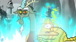 Size: 2048x1152 | Tagged: safe, alternate version, derpibooru import, discord, alternate ending, bill cipher, canterlot castle, death battle, death battle!: discord vs bill cipher, defeated, exploitable meme, gravity falls, grayscale, meme, monochrome