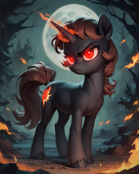 Size: 1024x1280 | Tagged: safe, ai content, derpibooru import, generator:stable diffusion, machine learning generated, oc, oc only, pony, unicorn, black coat, brown mane, female, fire, frown, full body, full moon, glowing, glowing eyes, horn, magic, magic aura, mare, moon, night, outdoors, prompter needed, red eyes, solo, sternocleidomastoid, tree, unshorn fetlocks
