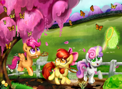 Size: 6600x4800 | Tagged: safe, artist:cosmocatcrafts, derpibooru import, apple bloom, scootaloo, sweetie belle, butterfly, earth pony, pegasus, pony, unicorn, g4, absurd file size, absurd resolution, adorabloom, butterfly net, cute, cutealoo, cutie mark, cutie mark crusaders, diasweetes, female, filly, foal, grin, horn, magic, smiling, the cmc's cutie marks, too big for derpibooru, trio