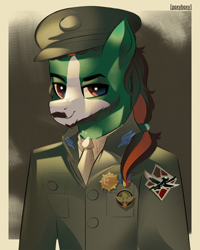 Size: 2400x3000 | Tagged: safe, artist:poxy_boxy, derpibooru import, oc, oc only, oc:well geboren, dog, dog pony, earth pony, hybrid, original species, pony, beard, clothes, equestria medal of honor, facial hair, high res, major wings, medals, ponytail, revised, shoulder patch, uniform, war thunder, wingman award