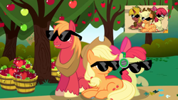 Size: 1920x1080 | Tagged: safe, artist:aidanproject, derpibooru import, apple bloom, applejack, big macintosh, earth pony, pony, g4, apple, apple siblings, apple sisters, apple tree, biting, brother and sister, bucket, female, filly, foal, food, headphones, male, mare, pony town, raised hoof, raised leg, reference used, show accurate, siblings, sisters, smiling, stallion, sunglasses, tongue bite, tree