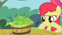 Size: 1920x1080 | Tagged: safe, artist:aidanproject, derpibooru import, apple bloom, earth pony, pony, g4, bucket, female, filly, foal, green apple, hooves on cheeks, show accurate, solo, table, tree