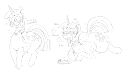 Size: 2400x1400 | Tagged: safe, artist:mhdrawin, derpibooru import, twilight sparkle, alicorn, pony, g4, ahegao, blushing, breath, butt, chilli, collar, crying, cutie mark, dialogue, drool, female, food, glasses, hooves, horn, large butt, lidded eyes, lying down, mare, nervous, nervous smile, nervous sweat, on floor, onomatopoeia, open mouth, pet collar, pet tag, plate, plot, prone, shaking, simple background, single tear, sketch, sketch dump, smiling, spicy, spread legs, spreading, sweat, tail, tongue, tongue out, twibutt, white background, wide hips, wings