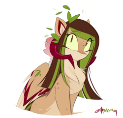 Size: 1417x1362 | Tagged: safe, artist:madragon, derpibooru import, oc, oc only, oc:helemaranth, pegasus, chest fluff, cute, female oc, freckles, horns, leaves, leaves in hair, looking at you, pegasus oc, shy, simple background, solo, white background