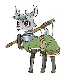 Size: 1269x1466 | Tagged: safe, artist:multiverseequine, derpibooru exclusive, derpibooru import, oc, oc only, oc:sycamore, deer, pony, antlers, armor, boots, buck, choker, clothes, colored eartips, deer oc, full body, grey hair, horizontal pupils, male, non-pony oc, red eyes, robe, shoes, shoulder pads, simple background, solo, staff, standing, tail, transparent background, weapon, writing