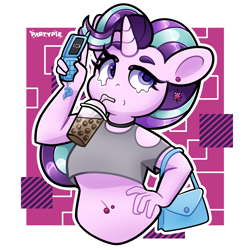 Size: 4000x4000 | Tagged: safe, artist:partypievt, derpibooru import, starlight glimmer, anthro, unicorn, g4, bag, belly button, belly piercing, bubble tea, cellphone, clothes, drink, ear piercing, earring, hand on hip, handbag, horn, jewelry, looking back, looking up, phone, piercing, redraw, sassy, short shirt, shoulderless, simple background, solo