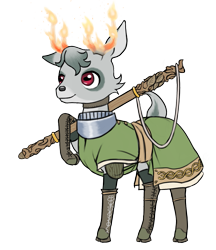 Size: 1269x1466 | Tagged: safe, alternate version, artist:multiverseequine, derpibooru exclusive, derpibooru import, oc, oc only, oc:sycamore, deer, pony, antlers, armor, boots, buck, choker, clothes, colored eartips, deer oc, fire, full body, grey hair, horizontal pupils, male, non-pony oc, on fire, red eyes, robe, shoes, shoulder pads, simple background, solo, staff, standing, tail, transparent background, weapon, writing