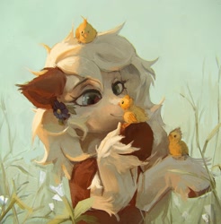 Size: 1871x1902 | Tagged: safe, artist:rvsd, derpibooru import, oc, oc only, bird, chicken, earth pony, pony, chick, commission, ear fluff, ears, female, flower, flower in hair, mare, solo, unshorn fetlocks