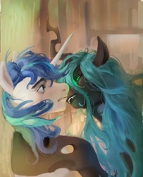 Size: 951x1174 | Tagged: safe, artist:vondsketch, derpibooru import, queen chrysalis, shining armor, changeling, changeling queen, pony, unicorn, g4, fangs, female, horn, imminent kissing, infidelity, male, mare, pinned, shining chrysalis, shipping, stallion, straight