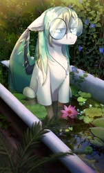 Size: 1200x1992 | Tagged: safe, artist:glumarkoj, derpibooru import, oc, oc only, bat pony, pony, bathing, bathtub, chest fluff, ear fluff, ears, female, flower, glasses, jewelry, lily (flower), lilypad, mare, necklace, sitting, solo, water