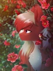 Size: 1200x1600 | Tagged: safe, artist:glumarkoj, derpibooru import, oc, oc only, earth pony, pony, chest fluff, commission, ear fluff, ears, female, flower, mare, solo