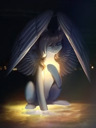 Size: 1200x1600 | Tagged: safe, artist:glumarkoj, derpibooru import, oc, oc only, pegasus, pony, female, glowing, mare, night, sitting, solo, water