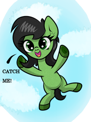 Size: 1500x2005 | Tagged: safe, artist:scandianon, derpibooru import, oc, oc only, oc:anon filly, female, filly, foal, frog (hoof), hoof heart, jumping, open mouth, outdoors, sky, smiling, solo, talking, underbelly, underhoof