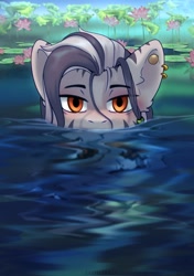 Size: 1764x2508 | Tagged: safe, artist:glumarkoj, derpibooru import, oc, oc only, pony, zebra, ear piercing, earring, flower, jewelry, lily (flower), lilypad, piercing, swimming, water