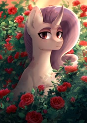 Size: 1447x2039 | Tagged: safe, artist:glumarkoj, derpibooru import, oc, oc only, oc:sumac spirit, pony, unicorn, cheek fluff, coat markings, curved horn, ear fluff, ears, female, flower, horn, mare, rose