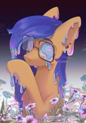 Size: 2039x2894 | Tagged: safe, artist:glumarkoj, derpibooru import, oc, oc only, goo, goo pony, original species, pony, ear piercing, earring, flower, glasses, jewelry, melting, piercing