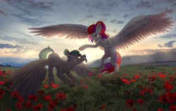 Size: 4096x2609 | Tagged: safe, artist:glumarkoj, derpibooru import, oc, oc only, pegasus, pony, backlighting, chest fluff, crepuscular rays, depth of field, ear piercing, facial hair, female, field, flower, goatee, hair bun, large wings, lighting, male, mare, outdoors, pegasus oc, piercing, rearing, scar, scenery, scenery porn, spread wings, stallion, sunset, wings