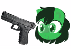 Size: 2442x1705 | Tagged: safe, artist:farofeiro, derpibooru exclusive, derpibooru import, oc, oc only, oc:anon filly, earth pony, pony, female, filly, foal, glock, gun, handgun, pistol, pixelated, simple background, solo, weapon, white background