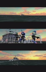 Size: 1680x2608 | Tagged: safe, derpibooru import, oc, oc:anon, alicorn, earth pony, human, series:my little spec ops, boat, clothes, comic, diving suit, grin, hoofbump, letterboxing, military, navy, ocean, skintight clothes, smiling, sunrise, water