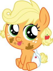 Size: 3000x4004 | Tagged: safe, artist:cloudy glow, derpibooru import, edit, applejack, apple family reunion, g4, baby, babyjack, cute, diaper, foal, jackabetes, safety pin, simple background, solo, stain, tongue, tongue out, vector, white background, younger