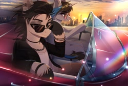 Size: 3490x2355 | Tagged: safe, artist:glumarkoj, derpibooru import, oc, oc only, bat pony, pony, unicorn, bracelet, car, city, cityscape, clothes, convertible, driving, duo, ear piercing, earring, eyebrow piercing, female, horn, jacket, jewelry, leather, leather jacket, lip piercing, male, mare, necklace, piercing, shirt, sitting, stallion, sunglasses, torn ear, unshorn fetlocks, wristband