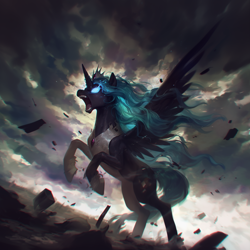 Size: 1024x1024 | Tagged: safe, ai content, derpibooru import, generator:midjourney, machine learning generated, princess celestia, alicorn, g4, dark, dark magic, destruction, evil, flowing mane, magic, prompter:enterusxrname, xk-class end-of-the-world scenario, yelling