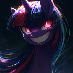 Size: 1024x1024 | Tagged: safe, ai content, derpibooru import, machine learning generated, twilight sparkle, unicorn twilight, pony, unicorn, g4, dark, evil, evil grin, glowing, glowing eyes, grin, horn, outdoors, prompter:enterusxrname, smiling, solo, the quality of ai art is frightening, twilight snapple, xk-class end-of-the-world scenario