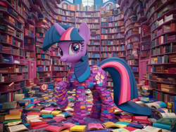 Size: 1024x768 | Tagged: safe, ai content, derpibooru import, machine learning generated, twilight sparkle, g4, book, bookhorse, bookshelf, generator:ideogram 1.0, library, prompt in description, solo