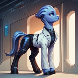 Size: 1536x1536 | Tagged: safe, ai content, derpibooru import, machine learning generated, alien, alien pony, pony, asari, clothes, female, futuristic, generator:autismmix confetti, indoors, lab coat, liara t'soni, looking sideways, mare, mass effect, ponified, prompter:siber, species swap, standing