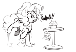 Size: 1302x891 | Tagged: safe, artist:mr-slmn, derpibooru import, pinkie pie, earth pony, pony, g4, black and white, cupcake, female, food, grayscale, implied twilight sparkle, mare, monochrome, note, simple background, sketch, solo, standing, standing on one leg, white background