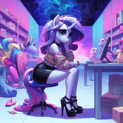 Size: 1024x1024 | Tagged: safe, ai content, derpibooru import, machine learning generated, anthro, unicorn, g4, abstract, adorasexy, bare shoulders, bored, box, cardboard box, chair, clothes, collar, computer, cute, female, high heels, horn, keyboard, looking at you, monitor, office, prompter:horselover fat, sad, sexy, shelves, shoes, shoulderless, sitting, skirt, stool, surreal, sweater, table, tiled floor, weird