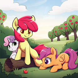 Size: 1024x1024 | Tagged: safe, ai content, derpibooru import, edit, machine learning generated, apple bloom, scootaloo, sweetie belle, earth pony, pegasus, pony, unicorn, g4, apple, apple tree, cloud, crouching, cutie mark crusaders, folded wings, food, grass, horn, log, looking at something, looking at you, prompt in description, scenery, sitting, smiling, tree, wings