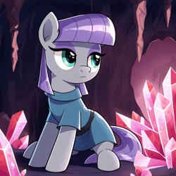 Size: 1024x1024 | Tagged: safe, ai content, derpibooru import, machine learning generated, maud pie, earth pony, pony, g4, cave, crystal, female, glowing, looking away, mare, prompt in description, red, sitting, solo, stalactite