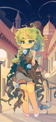 Size: 2800x6028 | Tagged: safe, artist:saxopi, derpibooru import, oc, oc only, oc:felicity mossrock, semi-anthro, unicorn, absurd resolution, bare shoulders, braid, clothes, dress, female, grin, horn, looking at you, night, skirt, smiling, solo, street