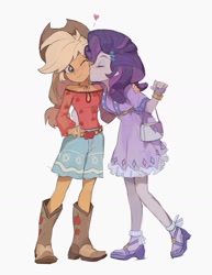 Size: 1299x1681 | Tagged: safe, artist:bilidongdong, derpibooru import, applejack, rarity, human, equestria girls, g4, applejack's hat, bag, blushing, boots, clothes, cowboy hat, cuffs (clothes), cute, dress, duo, female, floating heart, freckles, handbag, hat, heart, humanized, jackabetes, jewelry, kiss on the cheek, kissing, lesbian, one eye closed, raribetes, rarijack, shipping, shoes, shorts, simple background, strapless, white background