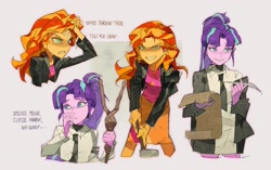 Size: 1841x1154 | Tagged: safe, artist:bilidongdong, derpibooru import, starlight glimmer, sunset shimmer, human, equestria girls, g4, clothes, duo, female, humanized, jacket, leather, leather jacket, necktie, quill, scroll, skirt, staff, staff of sameness