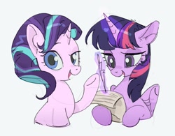Size: 817x638 | Tagged: safe, artist:bilidongdong, derpibooru import, starlight glimmer, twilight sparkle, twilight sparkle (alicorn), alicorn, pony, unicorn, g4, colored sketch, duo, female, horn, magic, mare, quill, scroll, simple background, sketch, telekinesis, white background, writing