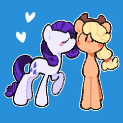 Size: 2048x2048 | Tagged: safe, artist:starrymysteryy, derpibooru import, applejack, rarity, earth pony, pony, unicorn, g4, applejack's hat, blue background, blushing, clothes, cowboy hat, duo, eyes closed, female, floating heart, hat, heart, horn, kiss on the cheek, kissing, lesbian, mare, rarijack, shipping, simple background